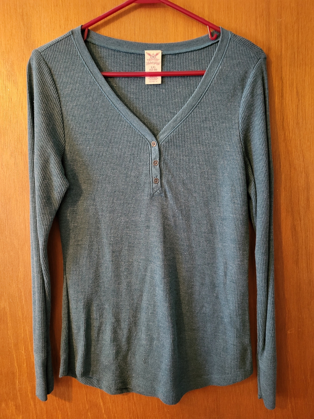Faded Glory Ribbed Henley Top in Teal Blue